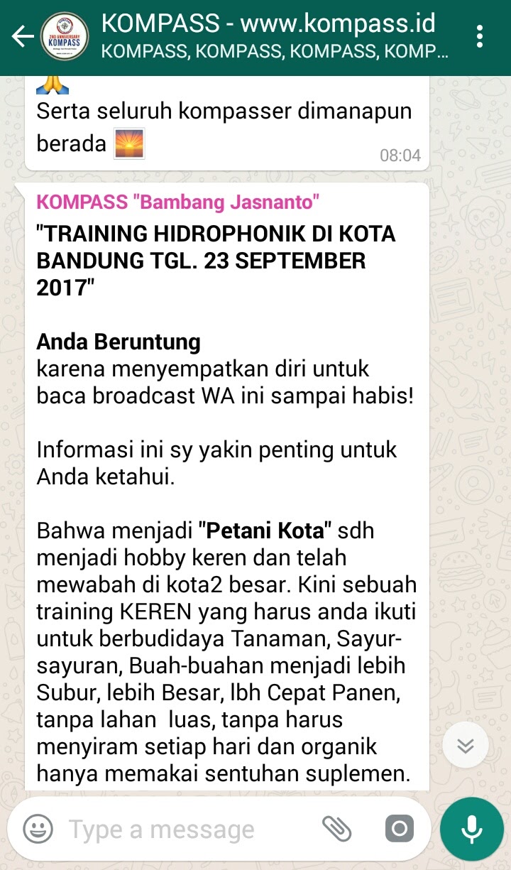 Penyampaian Training Hidroponik di Kota Bandung Tgl 23 September 2017 Melalui WAG KOMPASS