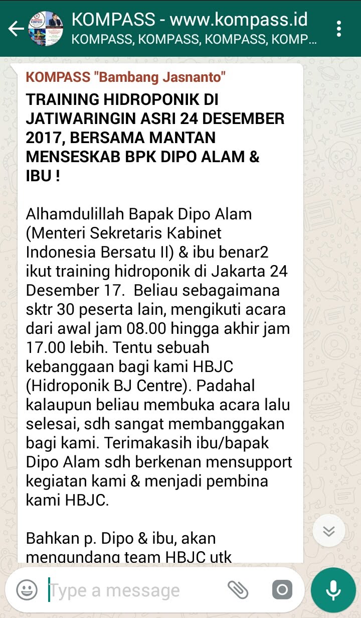 Penyampaian Bambang Jasnanto Ahli HIDROPONIK Indonesia melalui WAG KOMPASS
