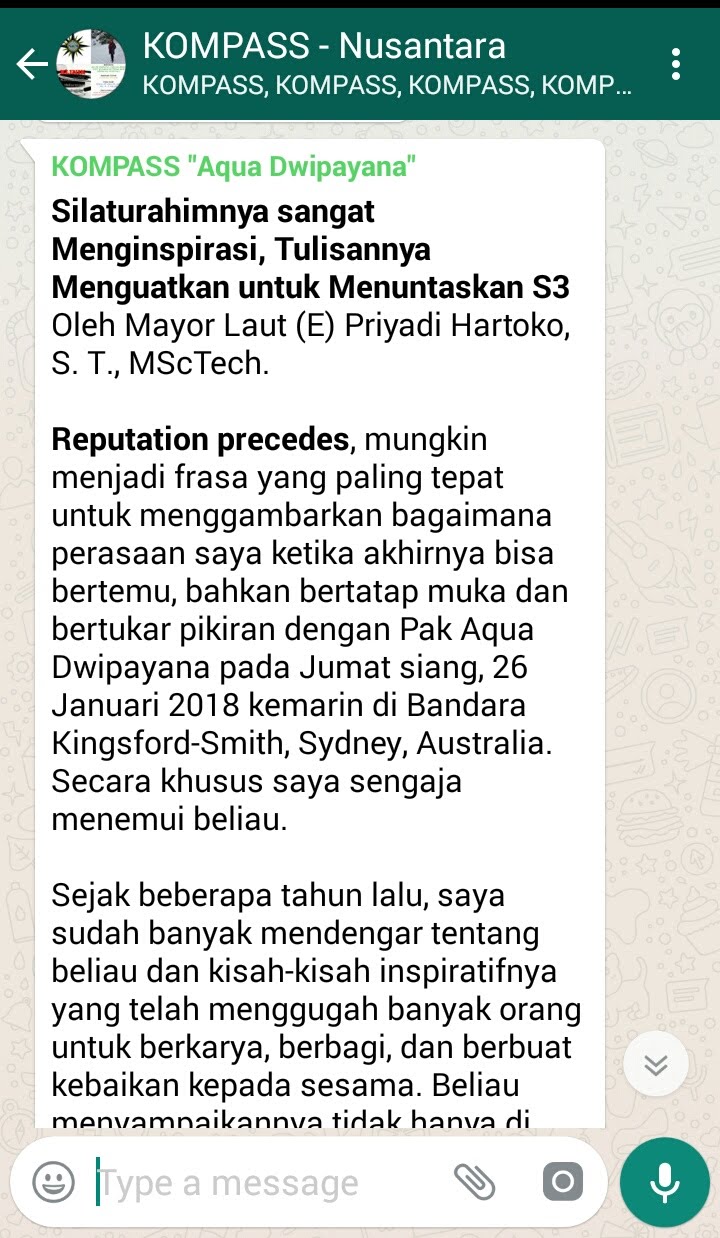Penyampaian Aqua Dwipayana Tokoh SILATURAHIM Indonesia melalui WAG KOMPASS Nusantara
