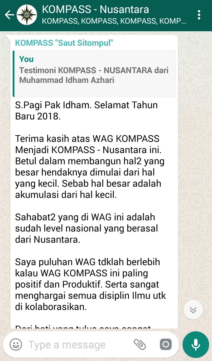 Penyampaian Saut Sitompul Ethos Master Indonesia melalui WAG KOMPASS Nusantara
