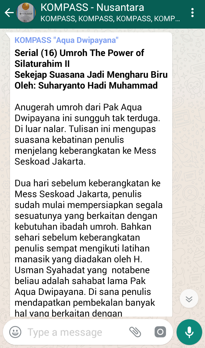 Penyampaian Aqua Dwipayana Pakar SILATURAHIM Indonesia 20 April 2018 melalui WAG KOMPASS