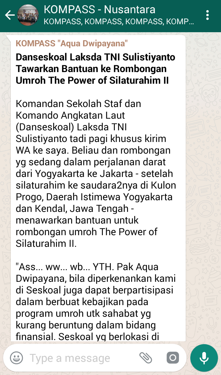 Penyampaian Aqua Dwipayana The Power of SILATURAHIM 1 April 2018 melalui WAG KOMPASS Nusantara