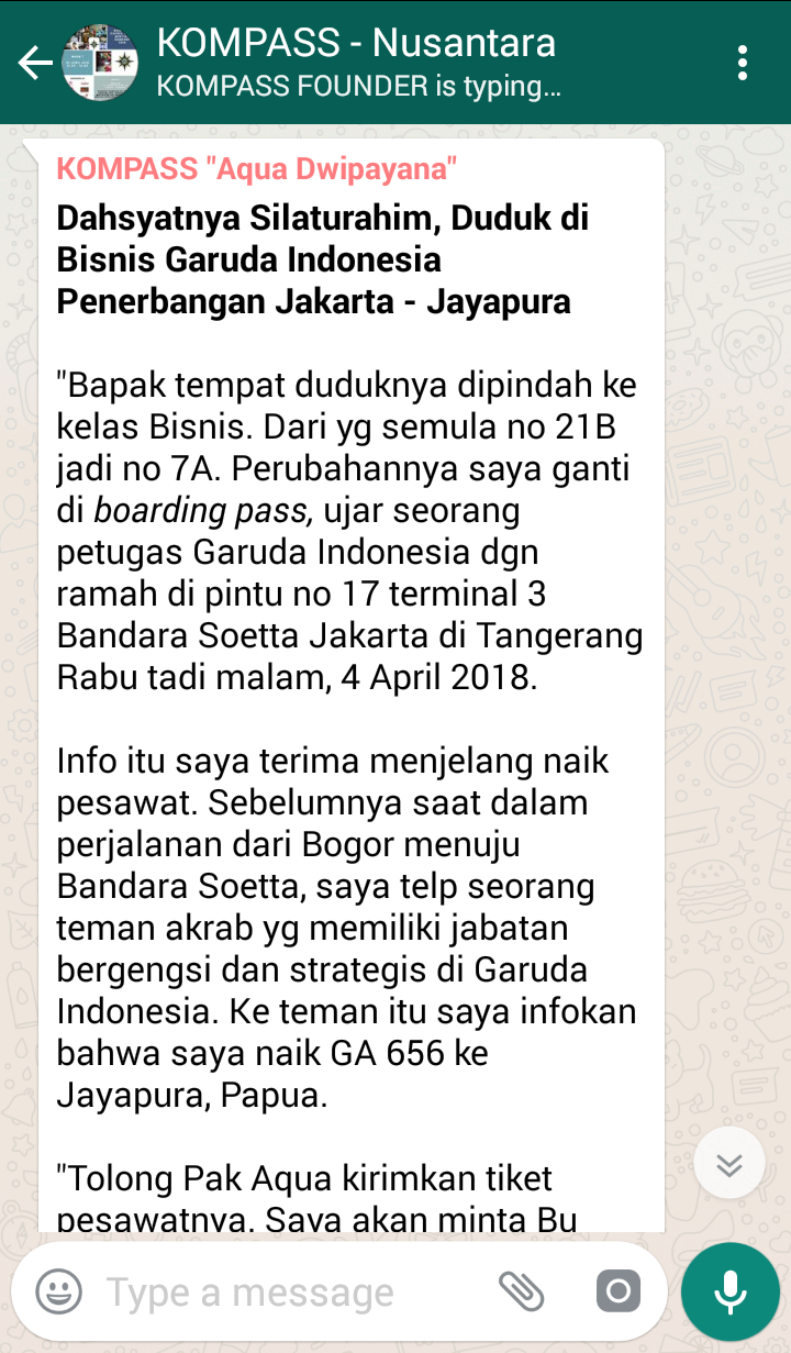 Penyampaian Aqua Dwipayana Tokoh SILATURAHIM Indonesia 5 April 2018 melalui WAG KOMPASS Nusantara