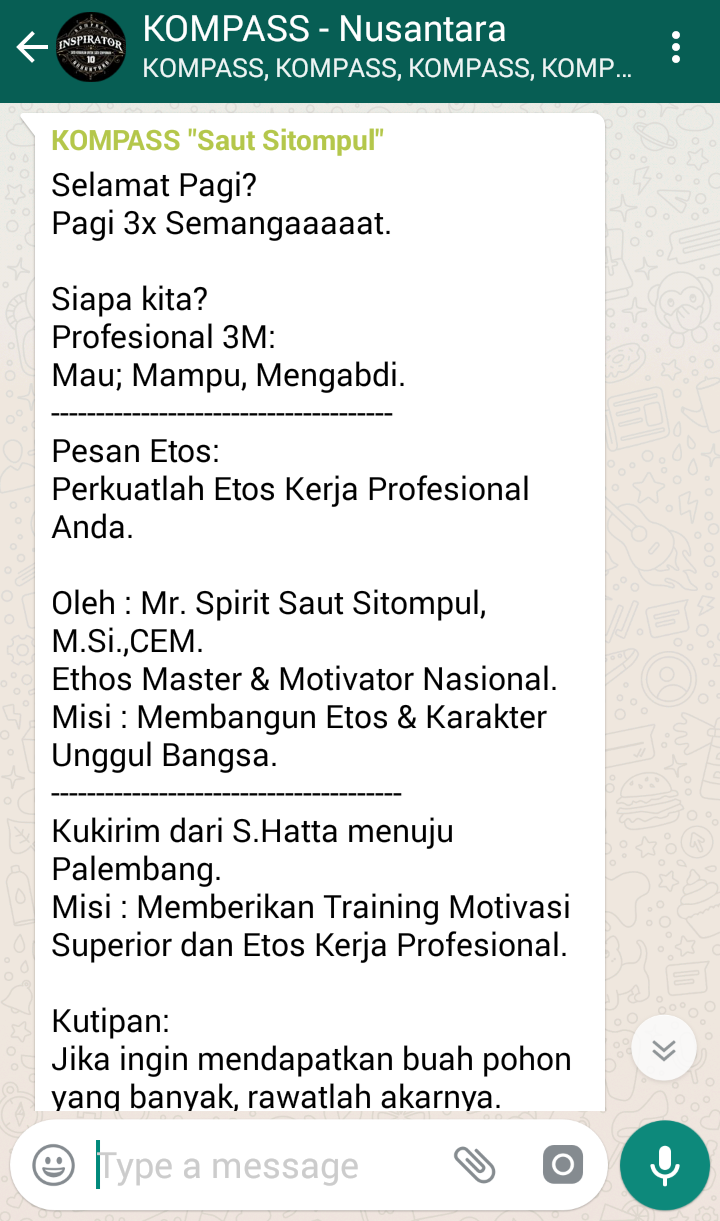 Penyampaian Saut Sitompul ETOS KERJA Indonesia 8 Mei 2018 melalui WAG KOMPASS Nusantara
