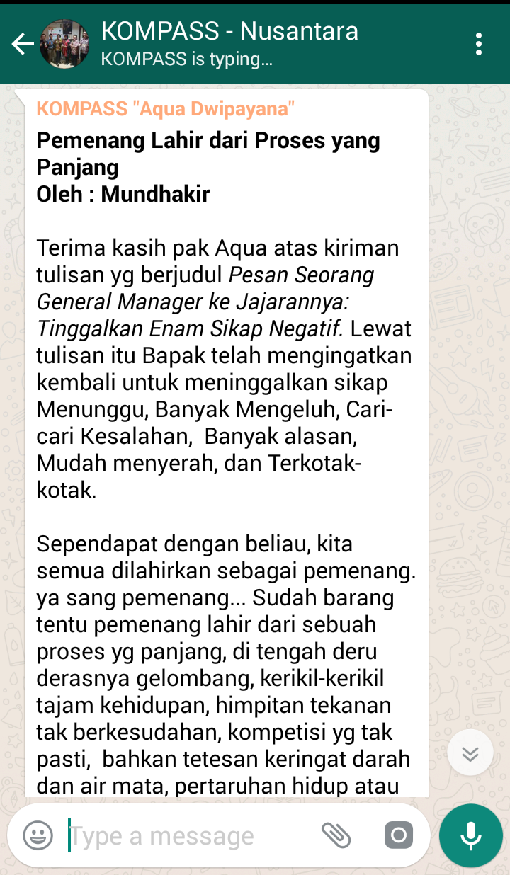 Penyampaian Aqua Dwipayana Pakar SILATURAHIM Indonesia melalui WAG KOMPASS Nusantara