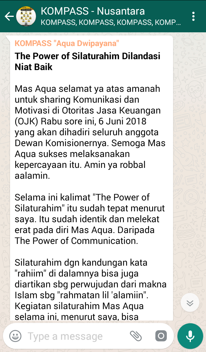 Penyampaian Aqua Dwipayana The Power of SILATURAHIM 6 Juni 2018 melalui WAG KOMPASS Nusantara