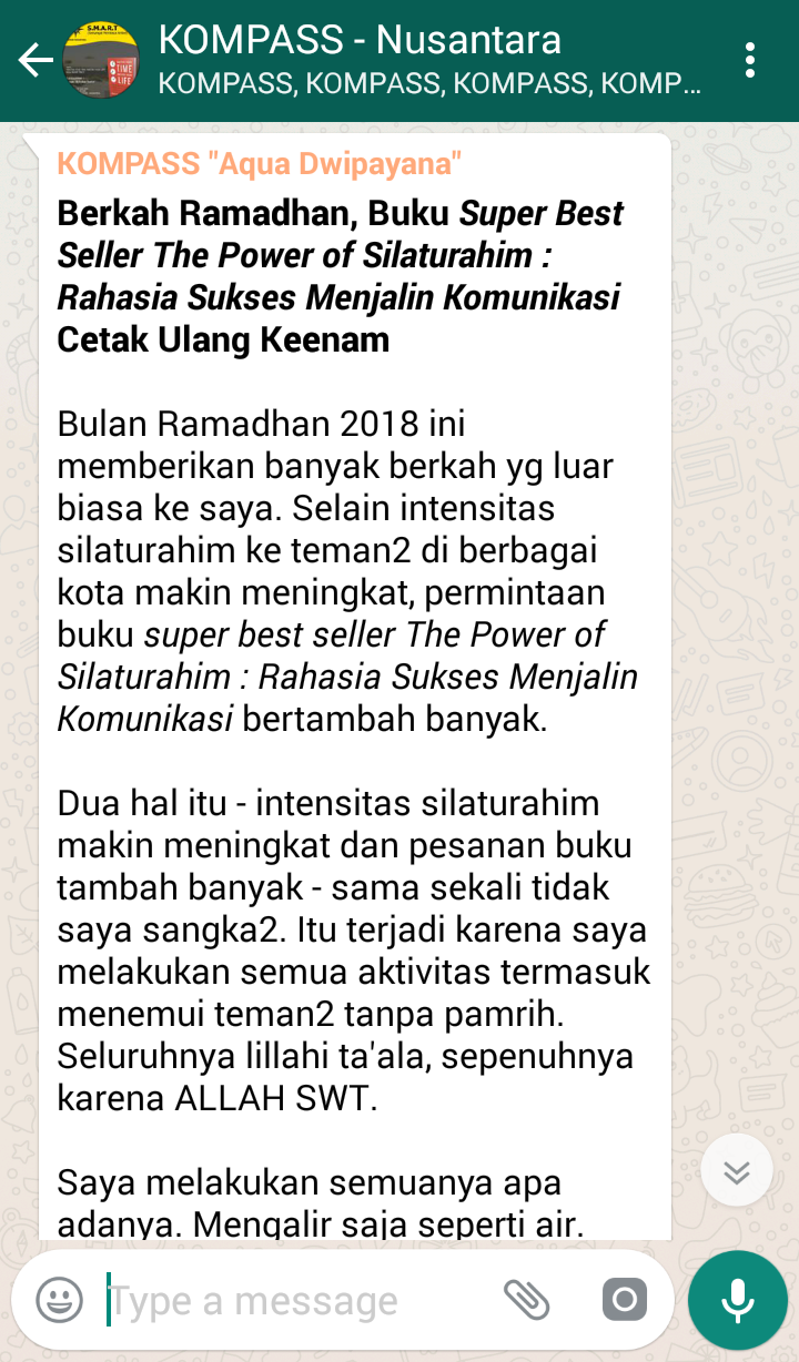 Penyampaian Aqua Dwipayana Tokoh SILATURAHIM Indonesia 9 Juni 2018 melalui WAG KOMPASS Nusantara
