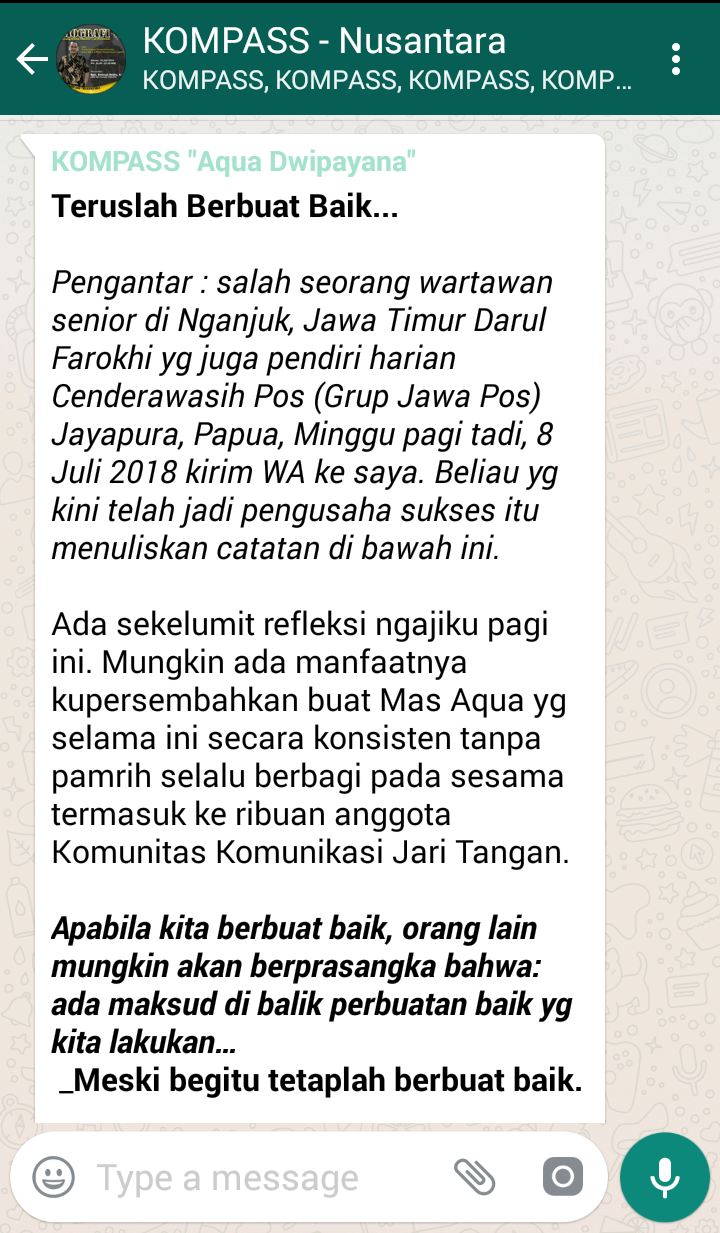 Penyampaian Aqua Dwipayana Pakar SILATURAHIM Indonesia 8 Juli 2018 melalui WAG KOMPASS Nusantara