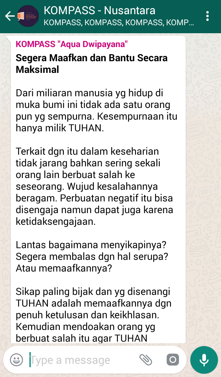 Penyampaian Aqua Dwipayana Pakar Silaturahim Indonesia 14 Juli 2018 melalui WAG KOMPASS Nusantara