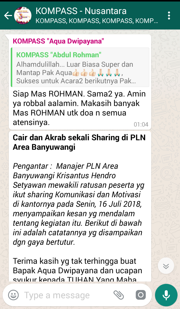 Penyampaian Aqua Dwipayana Tokoh SILATURAHIM Indonesia 18 Juli 2018 melalui WAG KOMPASS Nusantara