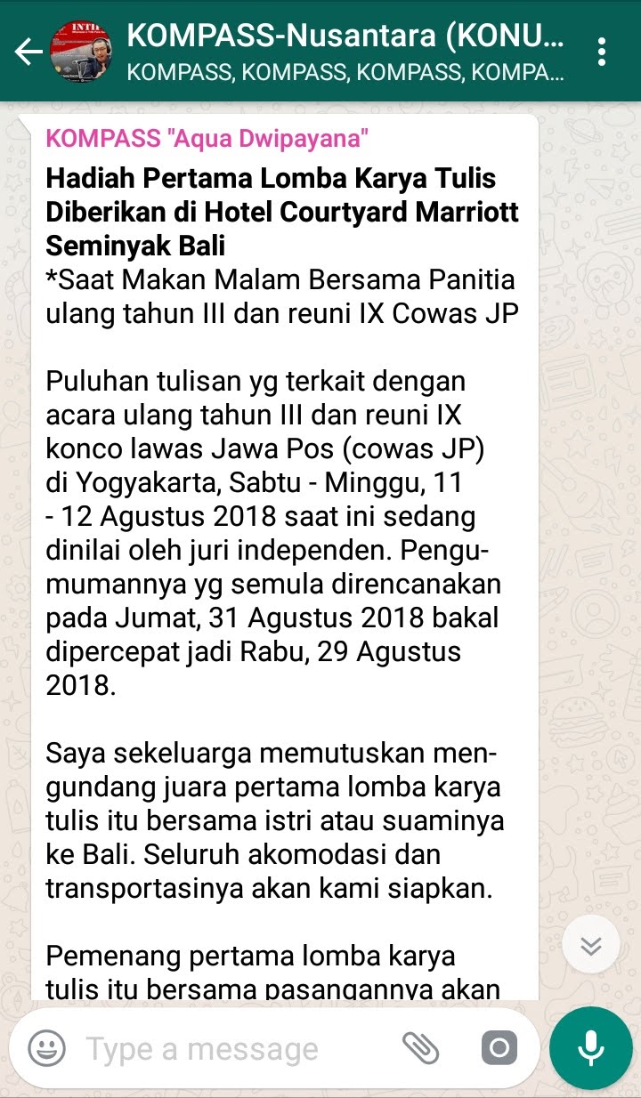 Penyampaian Aqua Dwipayana Pakar SILATURAHIM Indonesia 28 Agustus 2018 melalui WAG KOMPASS Nusantara