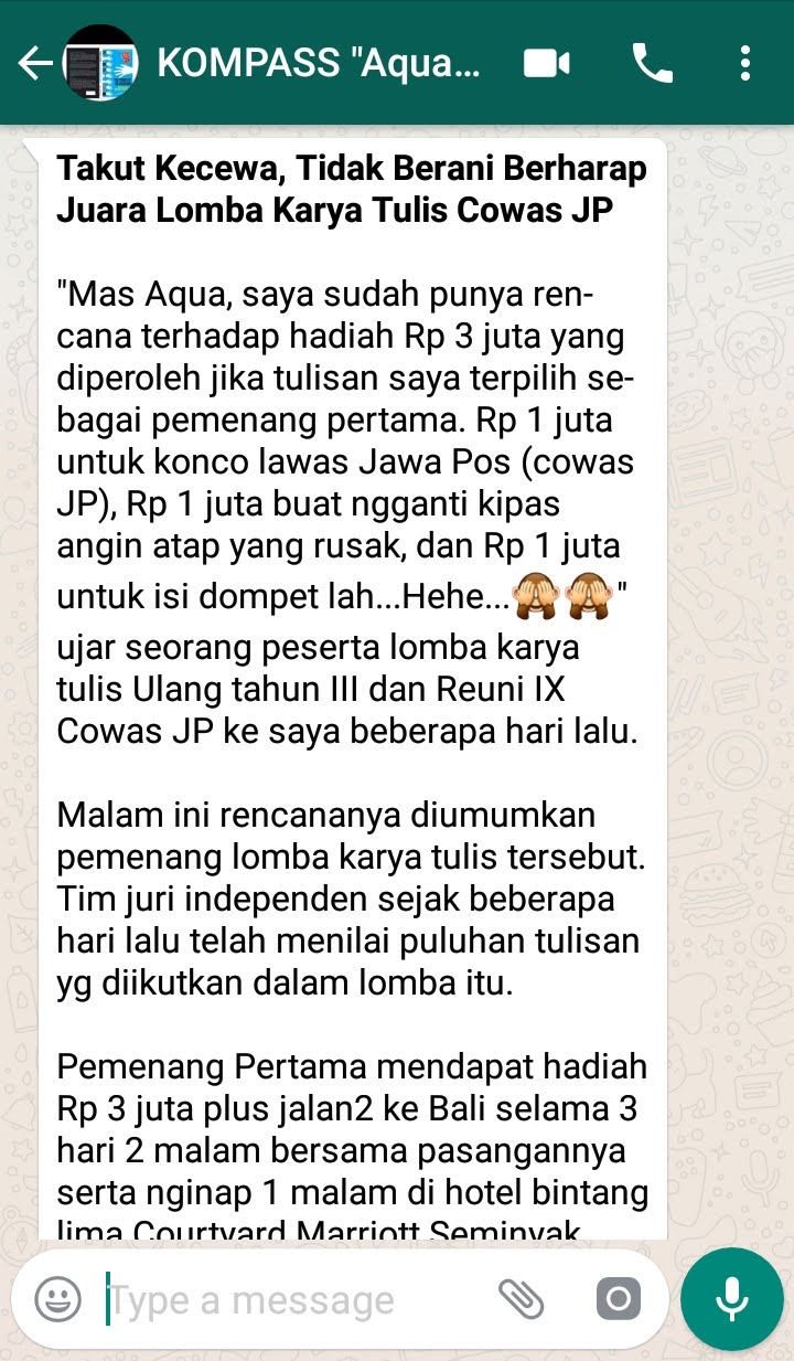 Penyampaian Aqua Dwipayana Tokoh SILATURAHIM Indonesia 29 Agustus 2018 melalui KOMPASS