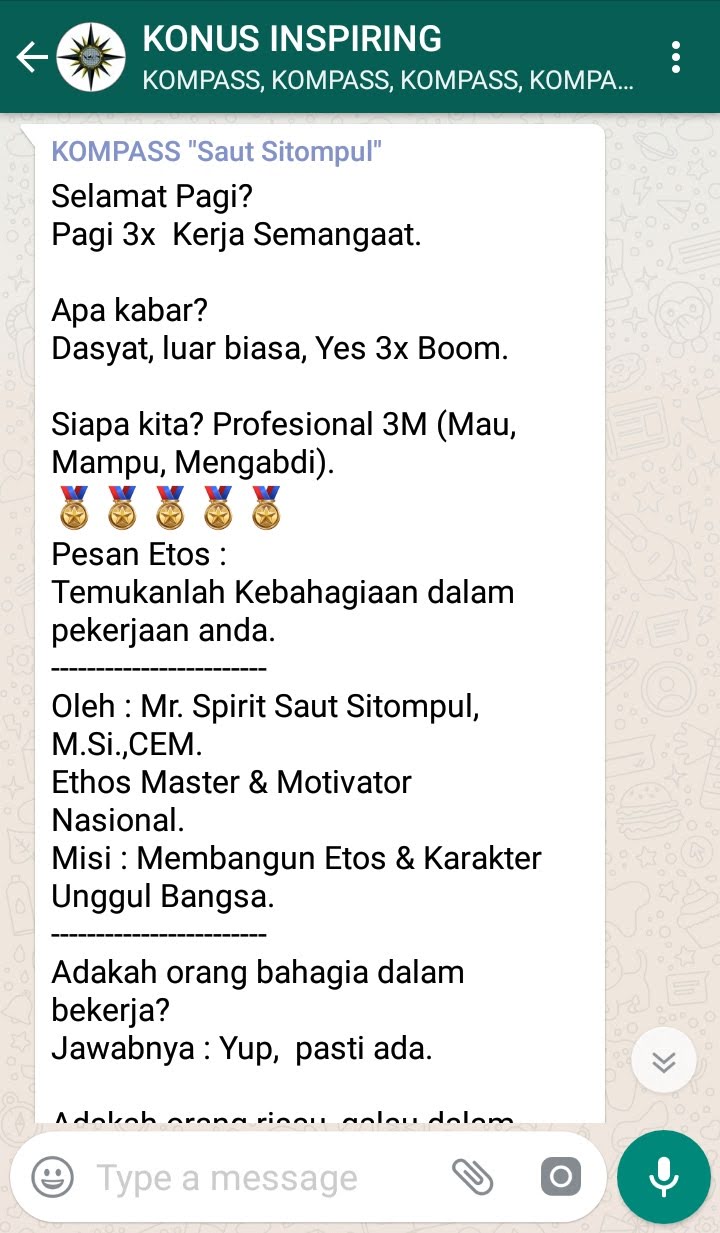 Penyampaian Saut Sitompul Pakar ETOS KERJA Indonesia 29 Agustus 2018 melalui WAG KOMPASS Nusantara