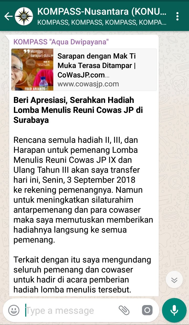 Penyampaian Aqua Dwipayana Guru SILATURAHIM Indonesia 3 September 2018 melalui WAG KOMPASS Nusantara