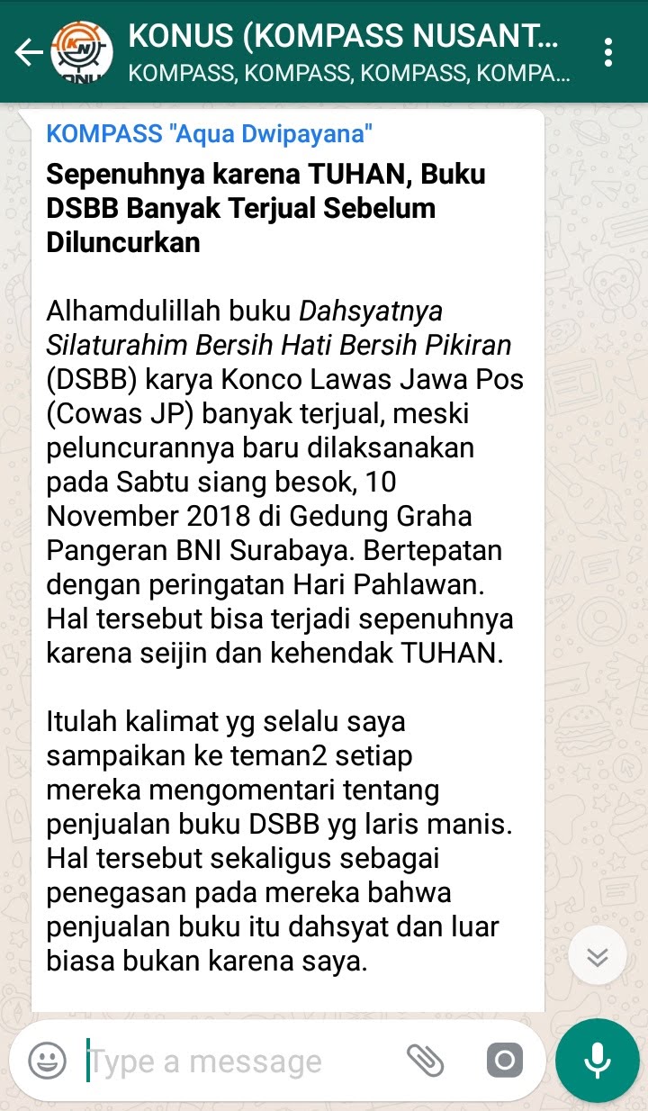 Penyampaian Aqua Dwipayana Pakar KOMUNIKASI Indonesia 9 November 2018 melalui WAG KOMPASS Nusantara