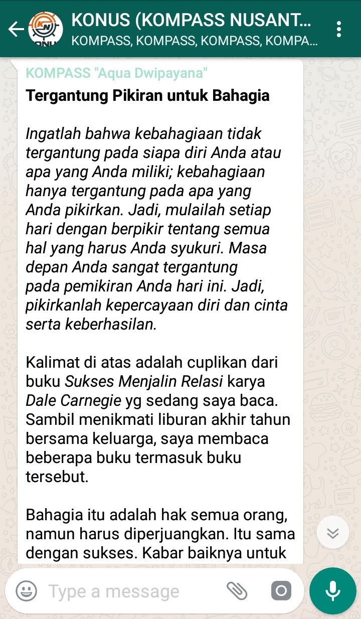 Penyampaian Aqua Dwipayana Pakar KOMUNIKASI Indonesia 30 Desember 2018 melalui WAG KOMPASS Nusantara