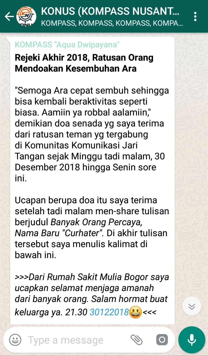 Penyampaian Aqua Dwipayana Pakar KOMUNIKASI Indonesia 31 Desember 2018 melalui WAG KOMPASS Nusantara