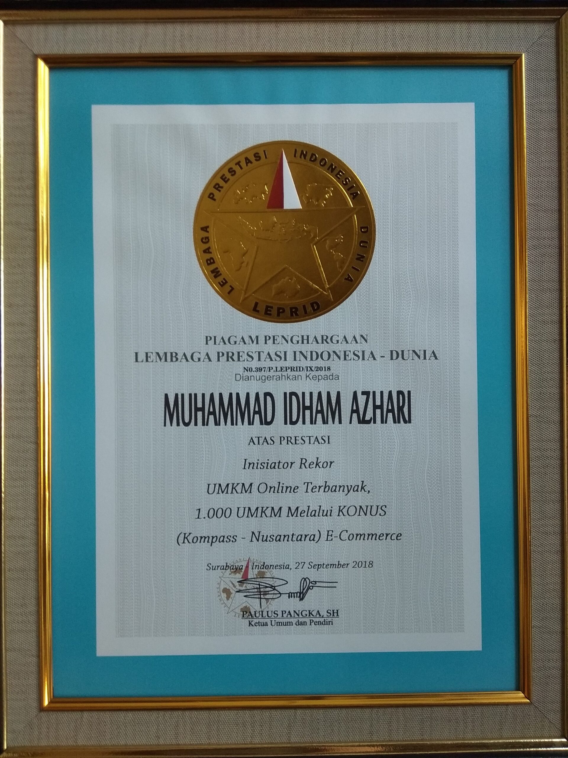 Penghargaan LEPRID Muhammad Idham Azhari (Dewan Penasehat)